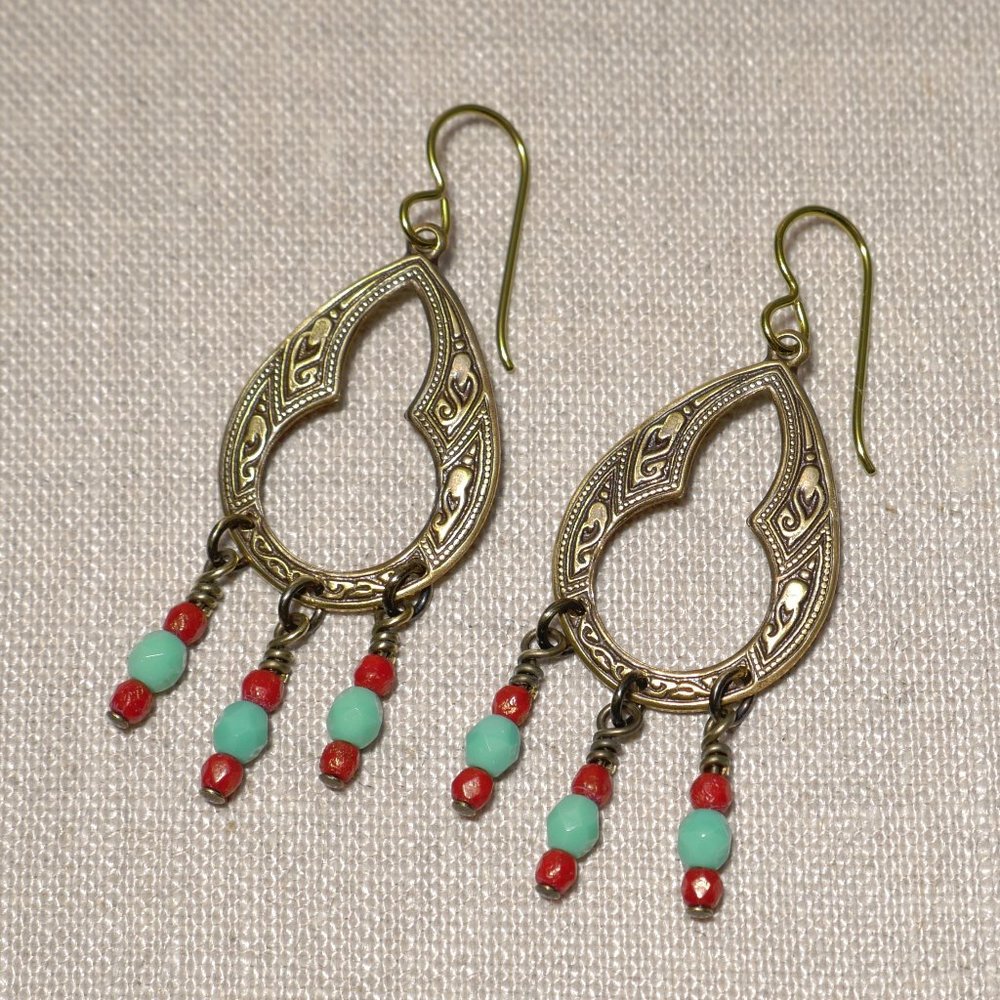 Hand Crafted Handmade Long Earrings Middle Eastern Inspired Brass & Beads